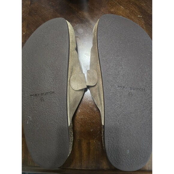 Tory Burch Mellow Suede Mules 9.5 Taupe Cork Sole Logo Slides - Picture 11 of 15
